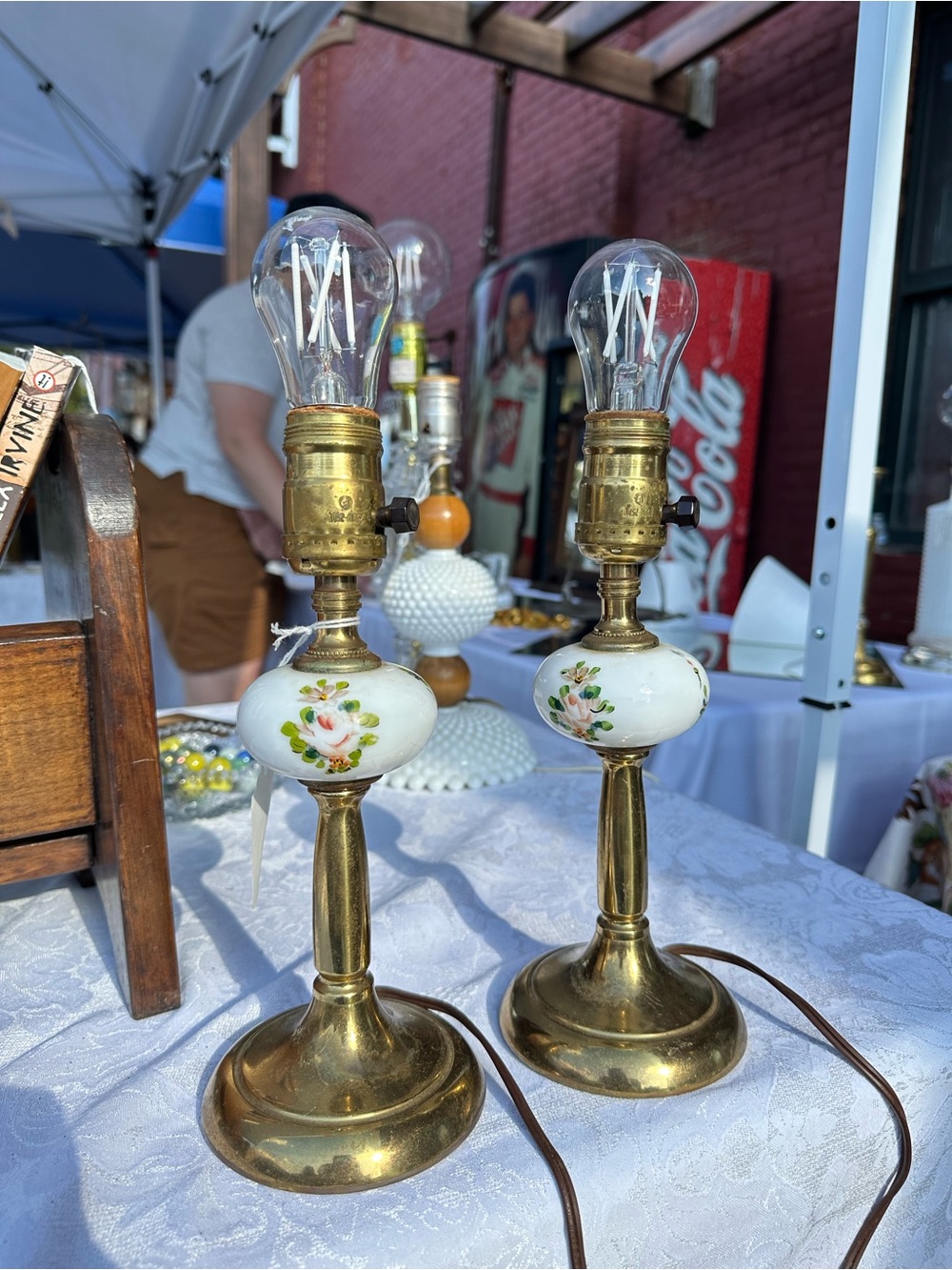 Vintage Floral Boudoir-Style Lamps with Brass tone bases - Pair